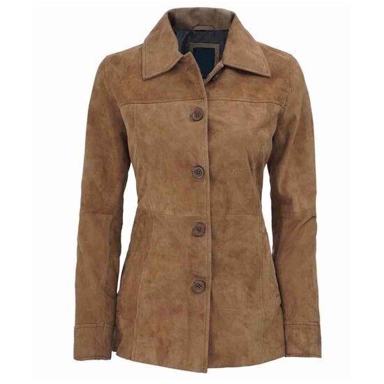 Women s 4 Button Tan Brown Suede Leather Blazer Jacket UK