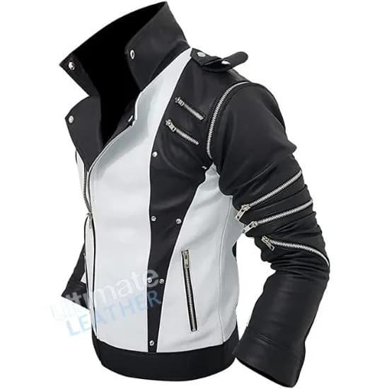 Mens Black and white Biker leather Jacket